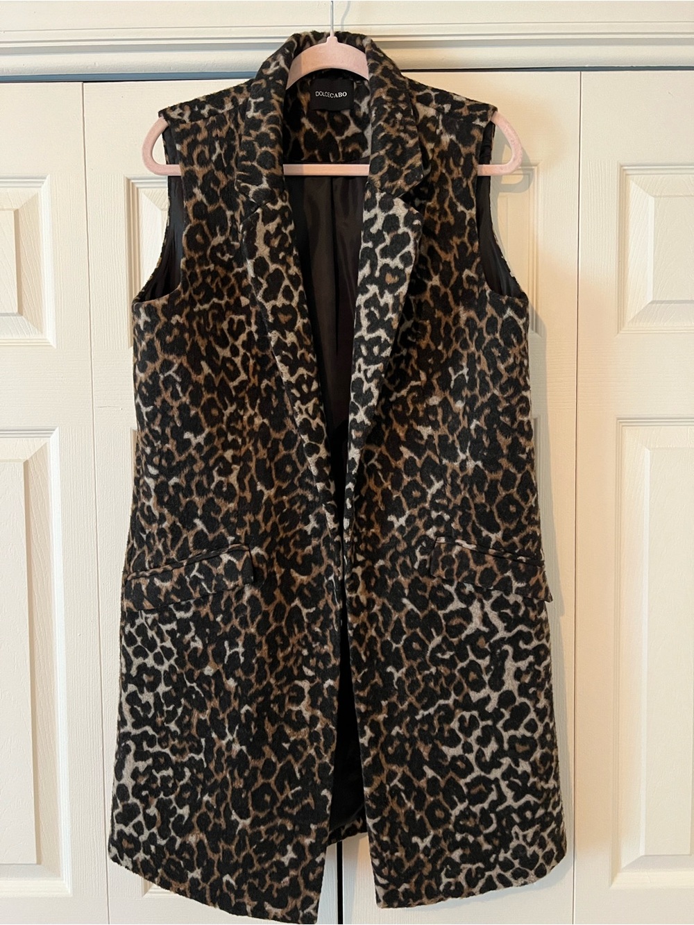 Dolce Cabo Leopard-Print Long Sleeveless Vest in Brown and Black